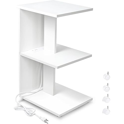 ZGREN End Table with Charging Station, Narrow Side Tables for Small Spaces with USB Ports and Outlets Rolling Bedside Nightstand Sofa Couch Side Slim Shelf Night Stand for Living Room, Bedroom, White