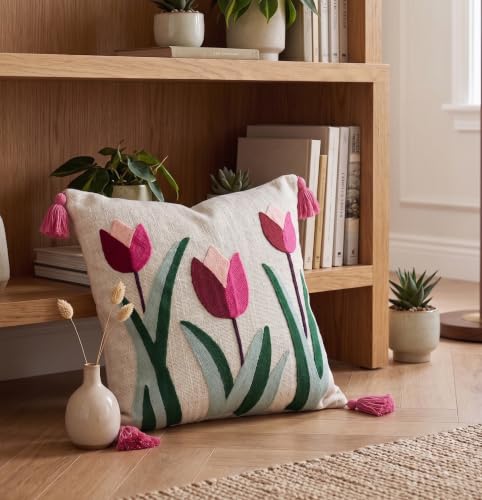 Image of Furnistitchs Handmade Cotton Bohemian Home Decor Cushion Cover 24x24 inches / 60x60 cms - Boho Chic Couch Sofa Throw Living Room Bedroom Cushions (2, Pink Tulips)