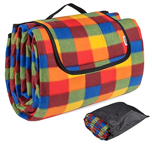 Homewit Picknickdecke, 200 x 195 cm Stranddecke - XXL Faltbar Picnic Mat, Fleece Wärmeisoliert Wasserfeste Unterseite mit Aufbewahrungsbeutel (Rucksack) für Outdoor, Camping - Bunte Karomuster