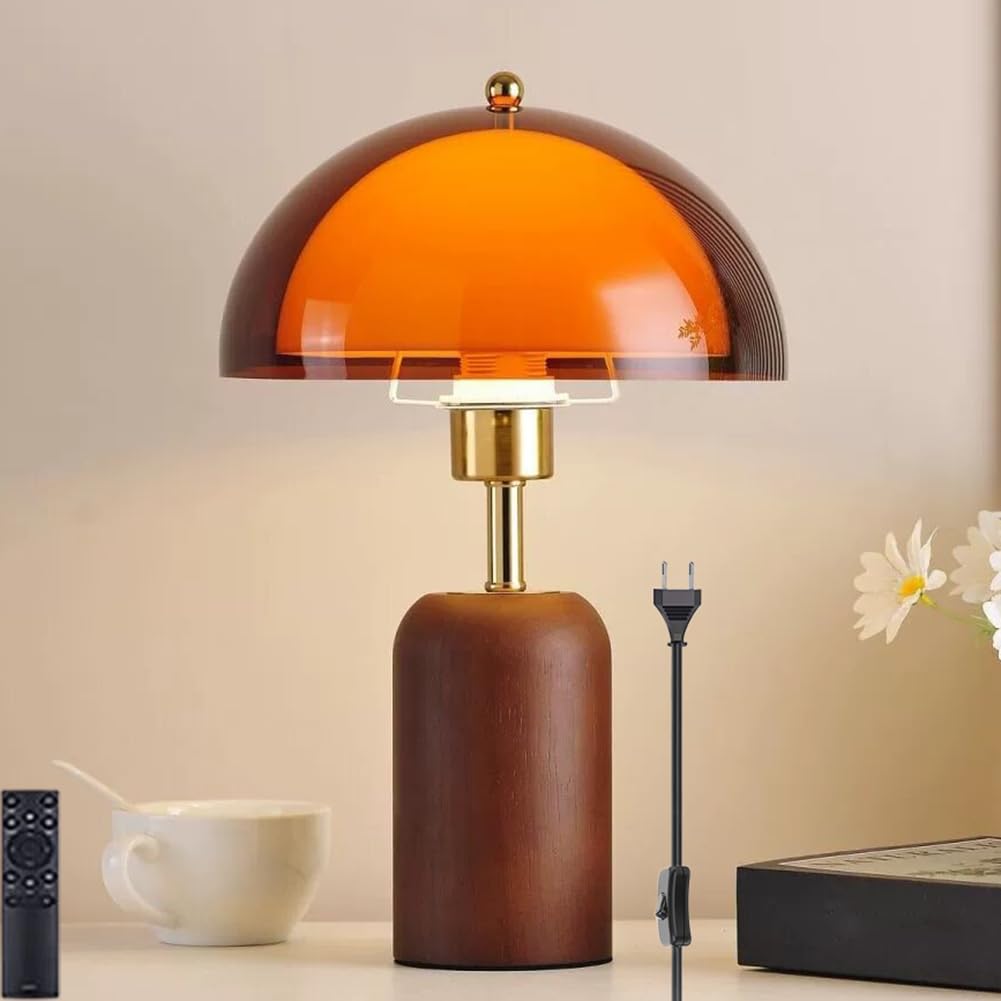 Lampa Stołowa LED w Kształcie Grzyba, Drewniana, z Pilotem, z Regulacją Jasności, z Przełącznikiem i Wtyczką, Lampa Grzybkowa w Stylistyce Retro, z Akrylowym Kloszem, Lampka Dekoracyjna