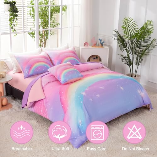 Image of Glitter Rainbow Queen Size Girls Bedding 6 Pieces Colorful Galaxy Comforter Set with Sheets Pink Purple Gradient Bed in A Bag for Kids Teen Girl (Glitter Rainbow, Queen)