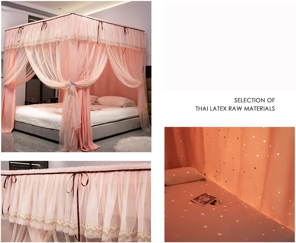 Fabric Bed Drapes Mesh Protection Canopy Shielding Netting,4-Corner Column Double-Layer Bed Canopy Mosquito net, hollowout Starry Romantic Bed Curtain, Adjustable Height Metal Bracket (Color