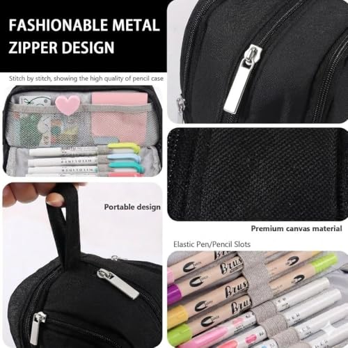 Image of 4 Compartments Pencil Case for Boys,Big Canvas Pen Pouch Bag, Large Capacity Pen Box, Tool Bag for Middle School College Office Organizer for Kids Men Women Adult Teens [Black Color]