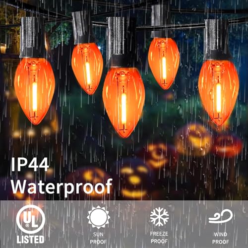 Image of 10FT C7 Orange LED String Lights, Black Wire Outdoor Halloween | IP44 Waterproof & Shatterproof, End-to-End Connectable, Perfect for Patio, Porch, Railing, Party or Holiday Decor