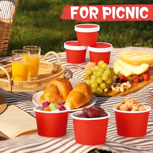 Image of Fulmoon 8 oz 100 Pack Paper Containers with Lids Soup Bowl Cup, Red | Disposable Ice Cream Cup, Kraft Food Containers with Vented Lid Stackable for Hot Soup Dessert Cake Fruit Microwave Takeout