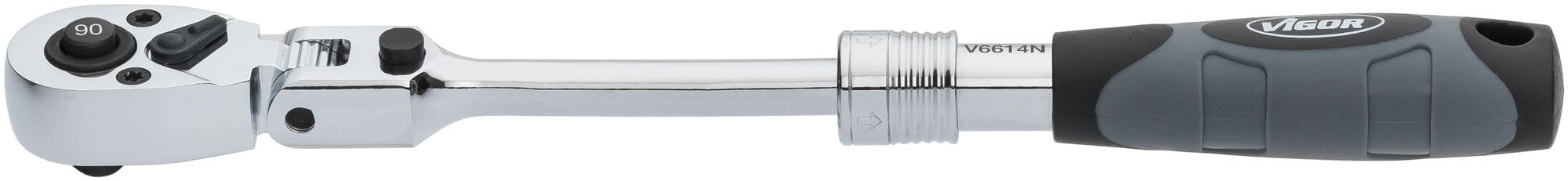 Vigor carraca telescópica articulada reversible V6614N, cuadradillo de 1/4 de pulgada, extensible de 175-225 mm, cabeza giratoria 180 grados, ángulo de operación de 4 grados