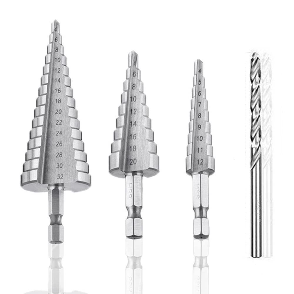 Lot De 3 Forets étagés Coniques HSS Titane - Tailles 4-12mm, 4-20mm, 4-32mm - Tige Hexagonale - Pour Métal, Bois, Plastique - 4