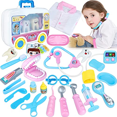 GiftInTheBox Doctor Kit for Kids - 28Pieces Dentist Medical Role Play Equipment, Dentist Kit for Kids, Doctor Play Set with Halloween Role Play Doctor Costume and Carry Bag