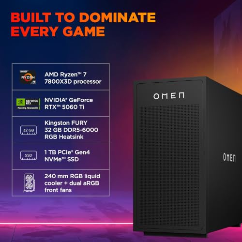Image of HP Omen 35L Gaming Desktop, AMD Ryzen 7 7800X3D, 16GB NVIDIA GeForce RTX 5060 Ti (32 GB DDR5, 1TB SSD) Win11, M365 Basic(1yr)*MSO 2024, Black Stealth, 14.5kg, GT17-0002in