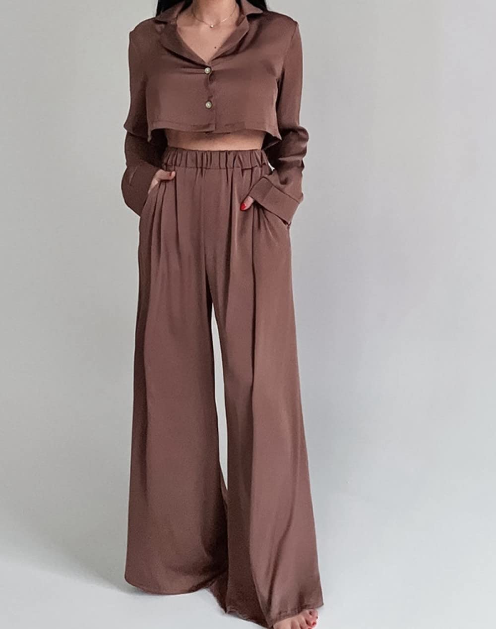 Ensembles De Pyjama Femme,Revers Marron Court Manches Longues Ensemble De Vêtements De Nuit Femmes Deux Pièces Pyjama Personnalité Douce Décontracté Loungewear Festival Cadeau pour Soeurs Femme