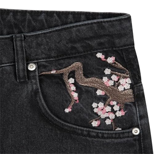 Men Retro Blossom Embroidery Splicing Design Loose Wide Leg Jeans2