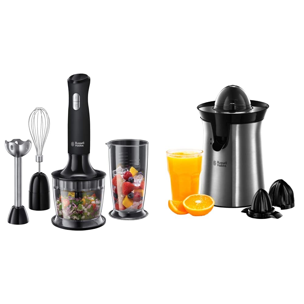 Russell Hobbs Mixeur Plongeant Multifonction 3en1 500ml, Mélange, Hache, Fouette, Mixe - Noir 24702-56 Matte Black & Presse Agrumes Electrique, 2 Sens Rotation, 2 Cônes Interchangeables
