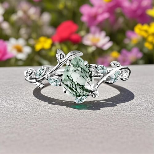 2 Carats Women Moss Agate Teardrop Ring Sterling Silver Natural Moss Agate with Leaf for Women Engagement Ring Wedding Promise Jewelry4