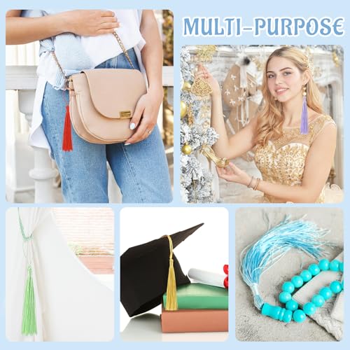 Image of 100 Pcs Bookmark Tassels Bulk Blue Series Soft Craft Silky Handmade Mini Tassels for Jewelry Making with Loops for DIY Craft Accessory Dress Decoration