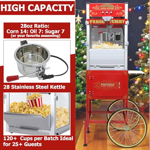 Image of 28 OZ Commercial Popcorn Machine with Cart - Stainless Steel Kettle Popper with Wheels, Warming Deck & Tempered Glass, for Business, School, Corporate, Theater, Home Use, Red