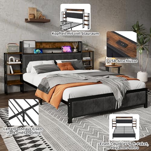 Metallbett Doppelbett 140x200, Bettgestell mit USB-Ladefunktion&Stauraum-Kopfteil, Funktionsbett Jugendbett Bettrahmen Gästebett Familienbett Flachbett, Metall+Velvet, Ohne Matratze, Schwarz+Walnuss – Bild 4