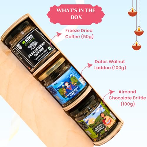 Image of Kiwi Kisan Window Coffee & Sweet Treats Delight- Freeze Dried Coffee (50g), Date & Walnut Laddoo (100g), Almond Chocolate Brittle (100g)-1 Each-Diwali Gift Hamper