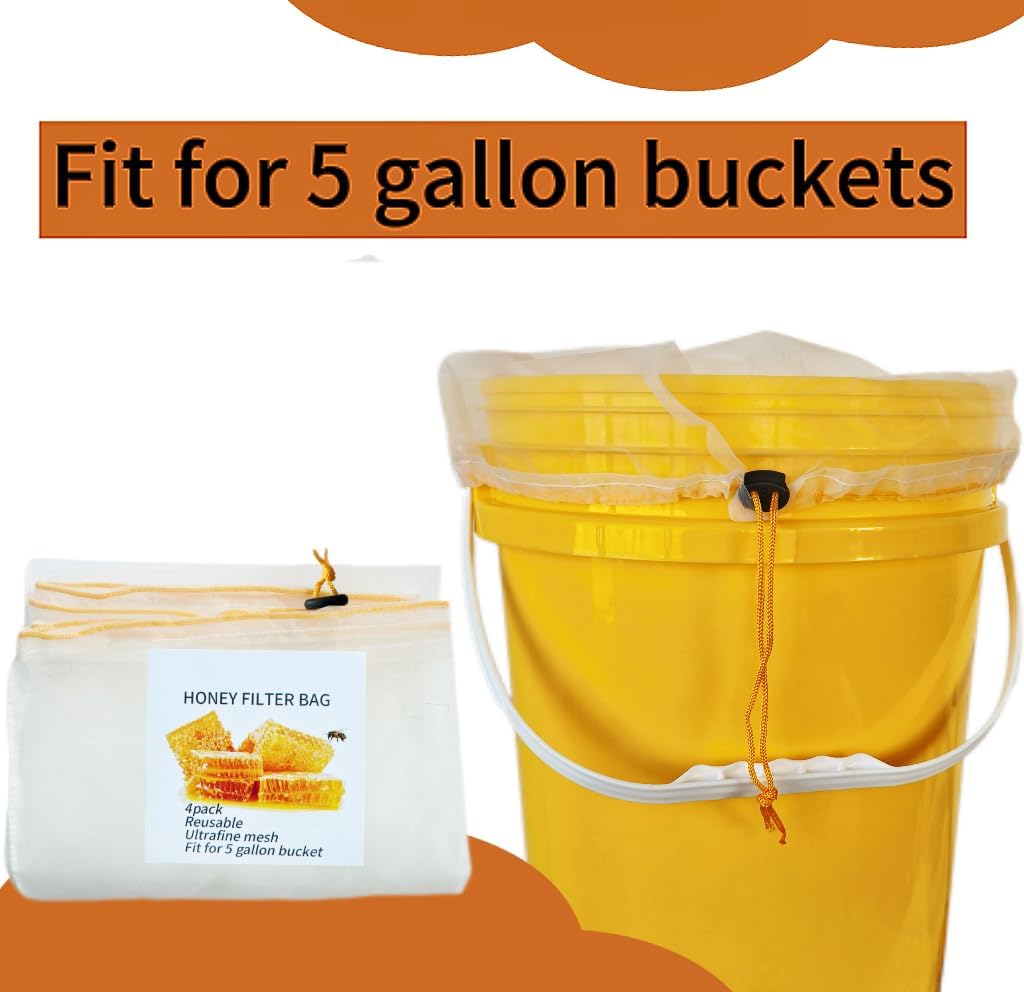 Honey Strainer, 4 Pcs Honey Filter Bag Ultra-Fine Mesh Strainer with Adjustable Drawstring, Beginner Honey Extractor Equipment in a 5 Gallon Bucket, Bee Supplies Reusable and Washable - Image 4