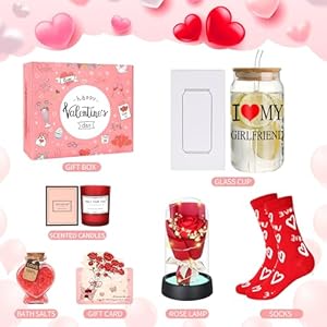Valentines Day Gifts for Her,6PCS Romantic Gift Set,Gifts for Girlfriend,Includes 12oz wine tumbler,Valentines Rose,Thanks Card,Sock,scented candle,bath salt for Women,Mom,Sister,Wife,Girlfriend Gifts Valentines Day Gifts for Her6PCS Romantic Gift SetGifts for GirlfriendIncludes 12oz wine tumblerValentines RoseThanks CardSockscented candlebath salt for WomenMomSisterWifeGirlfriend Gifts