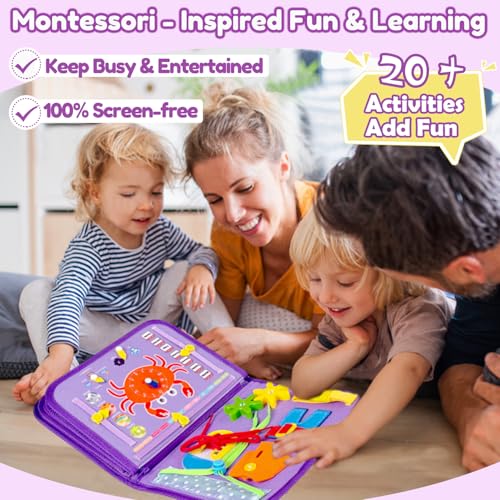 Image of Qizfun Montessori Busy Board Book for Toddlers, Mermaid Sensory Learning Toy for Girls, Educational Fine Motor Skills Toy, Travel Busy Board for Car & Airplane