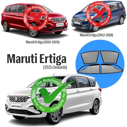 Image of AutoStory Magnetic Car Sunshade for Ertiga 2025 Onwards | Front Half Cut for Mirror Visibility + Rear Full Coverage with Zipper | Heavy Heat & UV Protection | Privacy Side Window Curtains Shades