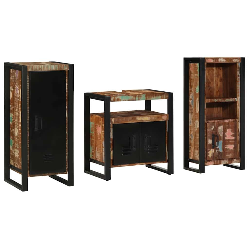 Juego de muebles de baño de 3 piezas, 40 x 35 x 90 cm, madera maciza renovada con marco de metal, diseño moderno para colgar y soporte para pequeños apartamentos y aseos