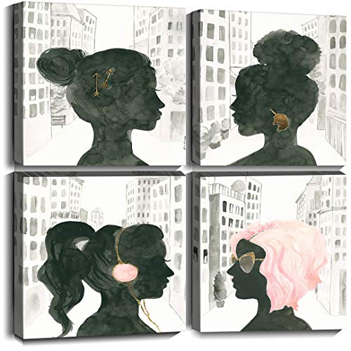 Merrleem Leinwanddruck, modisch, für Mädchen, Schwarz / Weiß, stilvolle Frauen-Malerei, Bild für Frau, Tochter, Schlafzimmer, Badezimmer, Dekoration (30,5 x 30,5 x 4 Stück) Cover