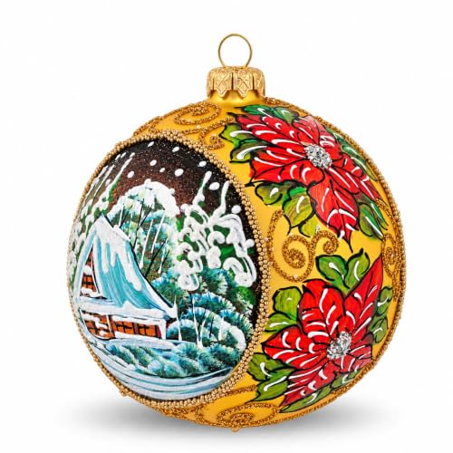 Hand Blown Glass Ball Christmas Ornament, 5 in, Golden Poinsettia Gold