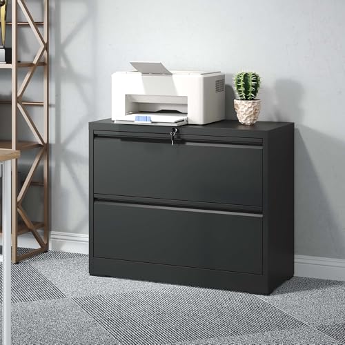 Yukimo 2 Drawer Lateral File Cabinet with Lock, File Cabinets for Home Office Legal/Letter A4 Size, File Cabinet Storage Cabinet,Require Assembly, Black