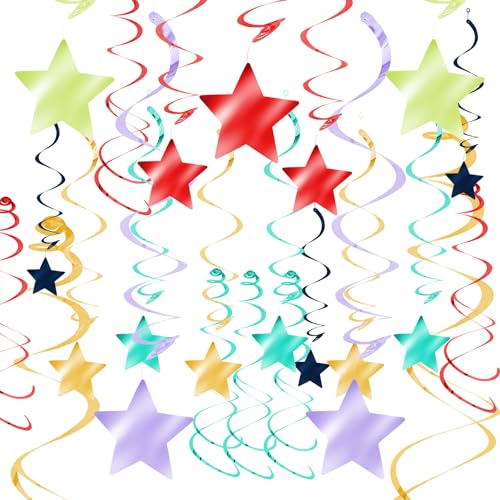 Image of Rainbow Star Hanging Swirl Decorations - 30 Pack Foil Ceiling Streamers with Die-Cut Stars for Birthday Party, Celebration, Baby Shower, Rainbow Theme Decor