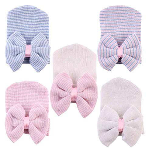 Image of YQWEL Newborn Hospital Hat Infant Baby Hat Cap with Big Bow Soft Cute Knot Nursery Beanie (5 Pcs)