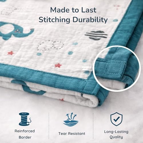 Image of Baby Muslin Blanket for Newborn | 4-Layer Crinkled Cotton Muslin Blanket | Soft, Breathable, Lightweight All-Season Baby Blanket (100 X 100 cms) | 0-2 Years | Elephant Design