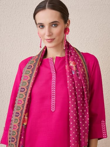 Image of INDO ERA Women's Straight Cotton Blend Ethnic Motifs Embroidered Kurta Pant With Dupatta Set