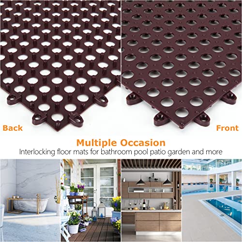 16Pack 11.8 X 11.8 Inch Interlocking Rubber Floor Tiles Non-Slip Shower Pool Deck Tiles For Flooring, Soft Pvc Splicing Modular Cushion Mat Drainage Mats For Patio Garage Kitchen Bathroom (Brown) #TOP5