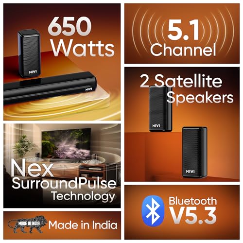 Image of Mivi Nex 650 Soundbar [New Launch], 650 Watts, 5.1 Channel System with Sound bar, Satellite Speakers and Subwoofer, Nex Surround Feel Technology, Multiple Input Modes, Made in India