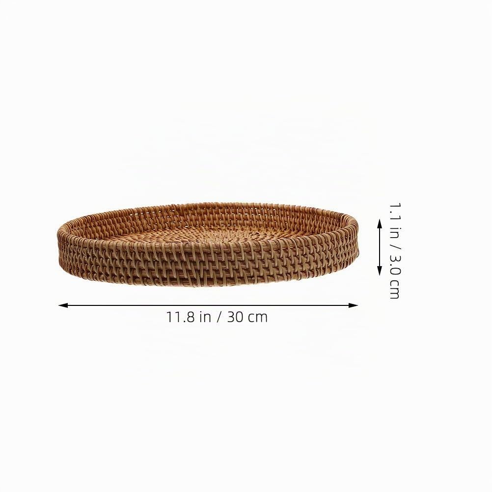 Amosfun Bandeja Ratan Redonda Tejida a Mano 11.81 in Plato De Frutas Y Pan Para Servir Bandeja Decorativa Para Mesa De Centro Cocina Y Organización Del Hogar