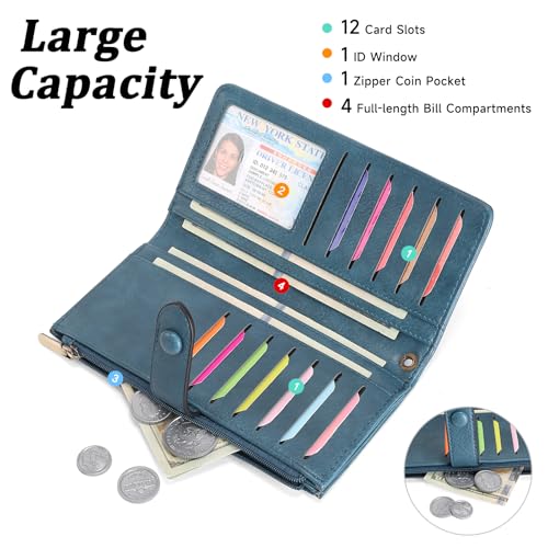 Image of GOIACII Womens Wallets Large Capacity Credit Card Holder RFID Blocking Leather Wallet Wristlet Ladies Clutch Purse Blue