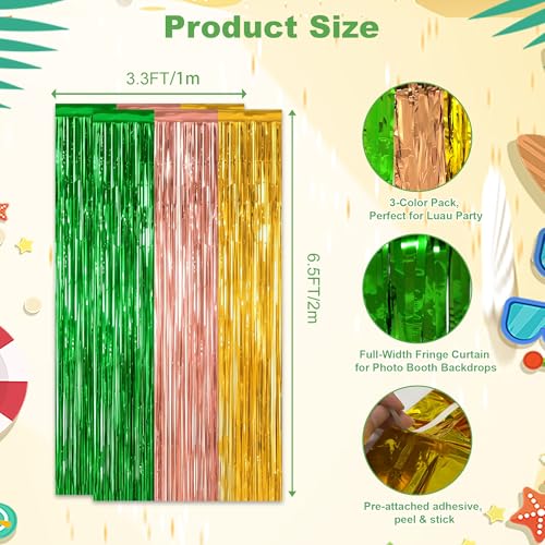 Luau Party Decorations- 2 Pack Luau Backdrop Green Gold Brown Foil Curtains - image 3