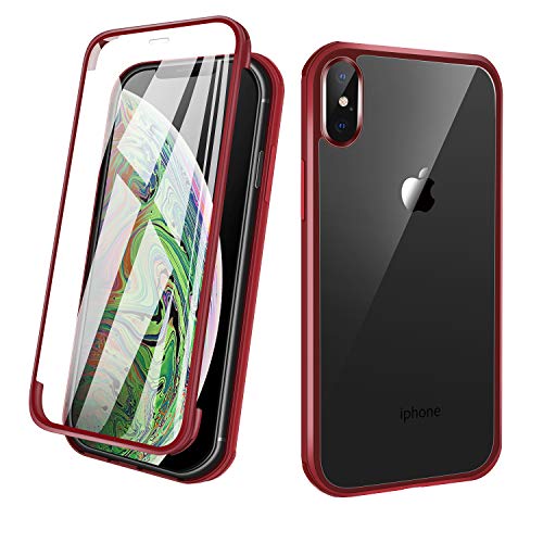 ZHIKE Funda para iPhone, Cuerpo Completo Funda para teléfono Apple Cubierta Frontal y Posterior de Vidrio Templado Cobertura de Pantalla Completa Diseño de una Pieza (iPhone X/XS, Rojo)