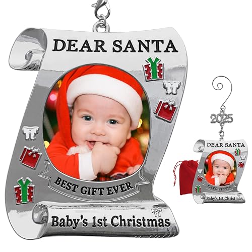 Baby's First Christmas Keepsake Photo Ornament - 2025 Dated Ornament for Newborn - Dear Santa Picture Holder - Baby 1st - Gift/Storage Bag Included