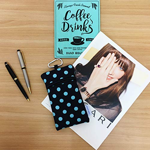 Image of Neoprene Neck Phone Sleeve Bag Pouch w / Clip (Black Turquoise Polka Dots) | Tainada small shockproof water-resistant, lightweight cellphone pocket holder carrier, w / adjustable lanyard and carabiner