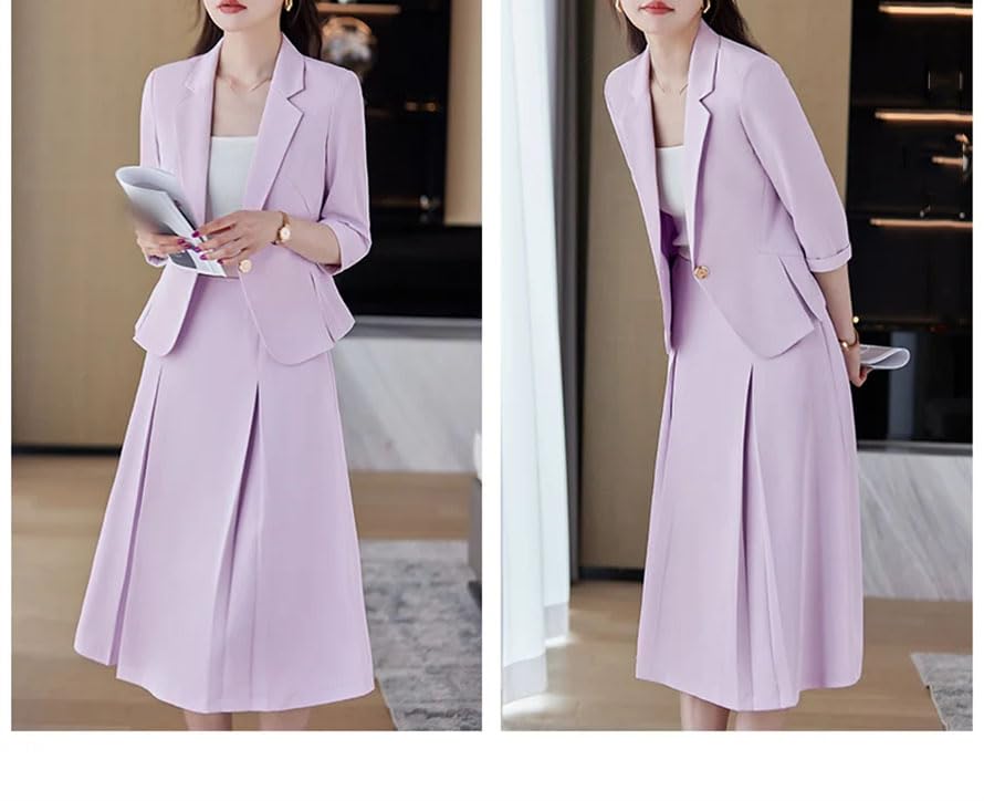 Women Solid Skirt Suits Single Button Blazer Jacket Loose A-Line Midi Skirts Set4