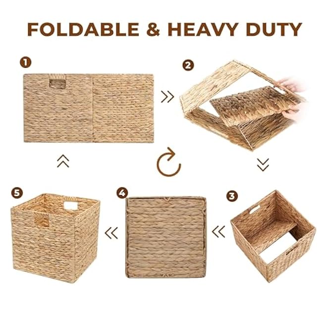 12.5x12.5 Wicker Storage Cubes, Water Hyacinth Storage Basket, Wicker Storage Baskets for Shelves, Woven Baskets for Storage, Square Wicker Storage Basket for Bedroom, Living Room