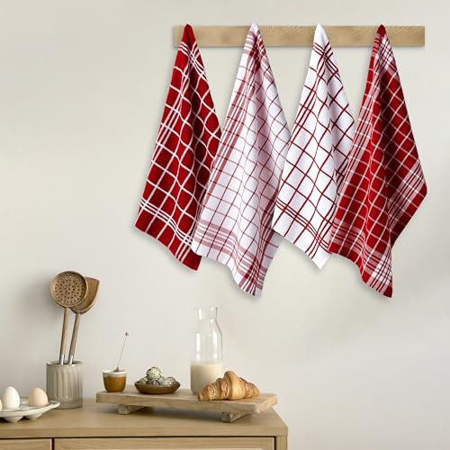 Image of Encasa XO Kitchen Towels and Dish Cloths Sets | Red Non-Terry+Terry Highly Absorbent Cotton Terry Towels | 70x45 cm | Multipurpose for Washing Dishes and Cleaning Pack of 4