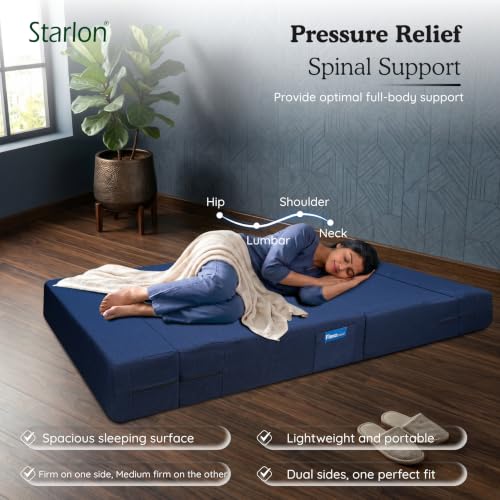 Image of Starlon 1 Seater Foldable Sofa Cum Bed 3-in-1 with 1 Geometrical Pattern Pillow, Washable Jute Fabric Cover, Space Saving Guest Bed, Pre-Assembled Royal Navy Blue 3x6 Ft