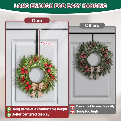 Image of 15 inch Reversible Wreath Hanger for Front Door, Fits Most Doors up to 1-3 /4 inch | Heavy-Duty Steel Over The Door Hooks up to 80 LBS for Daily Holiday Halloween & Christmas Wreaths, Door Decor, Black, 1 PC