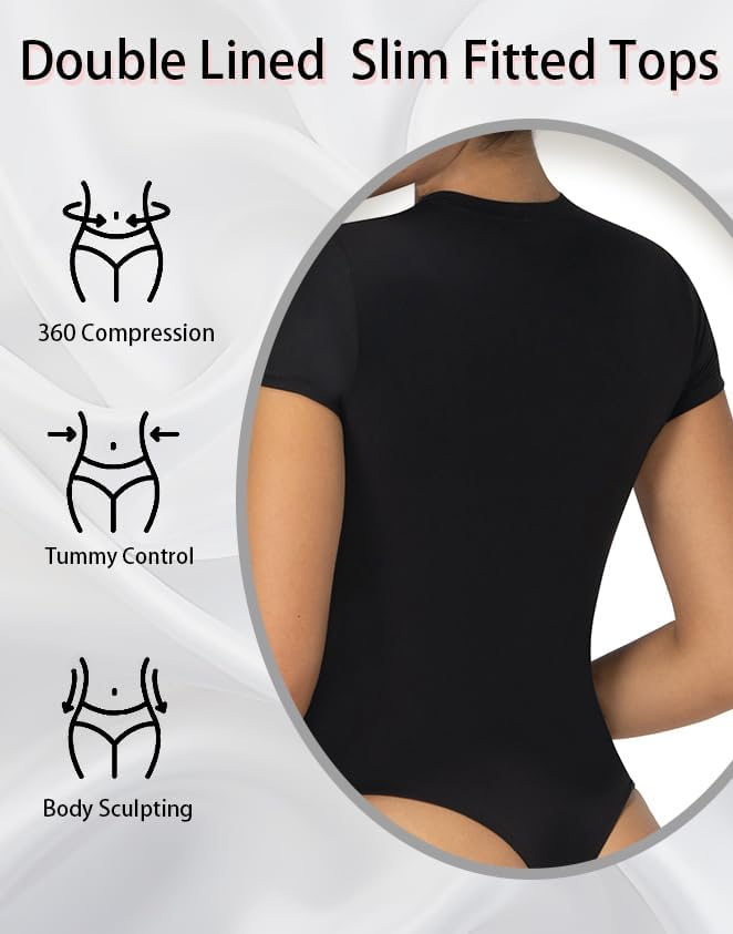 Sunzel Bodysuits for Women with Tummy Control- Crew Neck Short Sleeve Thong Body Suits Sexy Compression T shirts Tops - Image 4