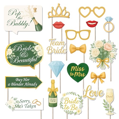 Bridal Shower Photo Booth Props Bride to Be Party Decorations 20-Piece Gold & Green Wedding Themed Accessories for Engagement Parties and Showers