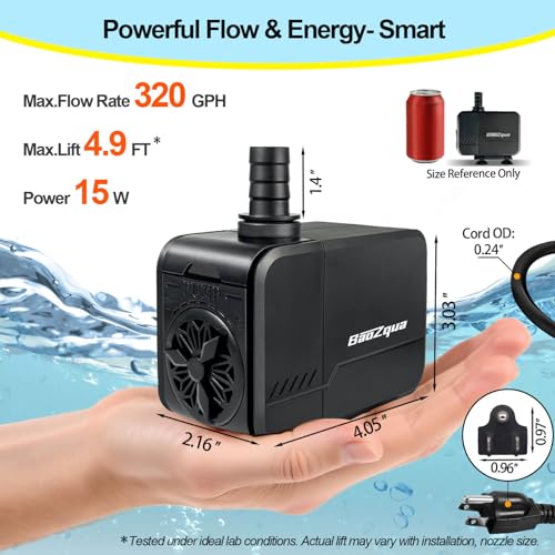 Image of 320GPH (1200L /H, 15W) Submersible Water Pump, Quiet & Energy-Efficient Fountain Pump, for Aquarium, Fish Tank, Pond, Fountain, Waterfall, Hydroponics, with 3 Nozzles and 6.6ft Power Cord