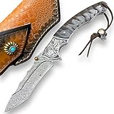 TACTICAL GEARZ Damascus Steel Pocket Knife, Ebony/Steel Handle, Includes Custom Leather Sheath (DXT79)